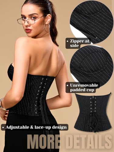 Corset Top for Women, Sexy Lace Up Overbust Bustier, Strapless Zipper Side Tops, Office Club Going Out Outfits3