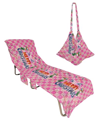 Merry Christmas Beach Lounge Chair Towel Cover, Soft Chaise Lounge Towel with Side Pockets Patio Pool Chairs Cover for Beach/Pool Sunbathing 29x85 Pink Plaid Xmas Stocking Elk Winter Snowflake