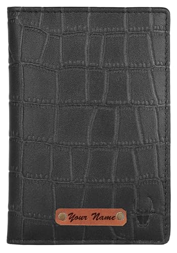 Image of WildHorn Customizable Leather Passport Cover /Case for Gifting | Engrave with Your Name, Company Name or Initials (Black Croco Print)