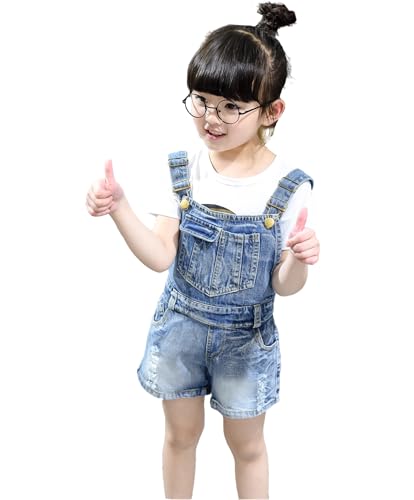 Image of KIDSCOOL SPACE Baby Little Girl Jean Overalls,Big Ripped Denim Shortall