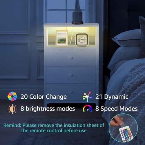 Image of BOLUO White Night Stand with 3 Fabric Drawers, Nightstand with Charging Station LED Nightstand for Bedroom, Bedside Table with USB Ports and Outlets Modern