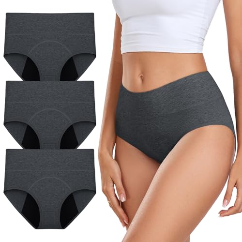 coskefy Periodenunterschwäsche Starke Blutung Perioden Unterhosen Damen Menstruationsunterwäsche Atmungsaktiv Postpartum Slips 3er Pack Grau XL