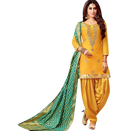 ladyline Fromal Plain Blend Silk Embroidered Salwar Kameez wtih Patiala Salwar and Banarasi Dupatta Yellow