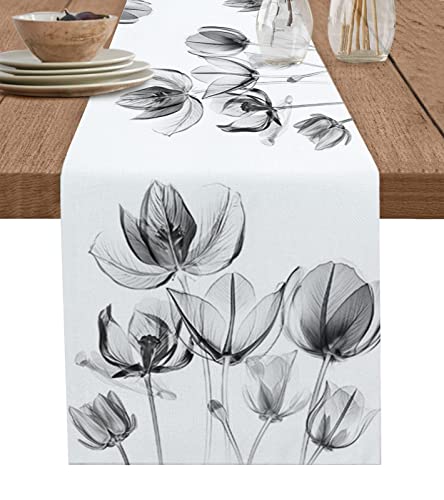 テーブルランナー おしゃれ テーブルセンター X線 光と影 花 黒と白 北欧 テーブルクロス 断熱テーブル保護 食卓飾りティーマット リビングルーム レストラン 玄関 茶室 多用途多機能 33x229cm