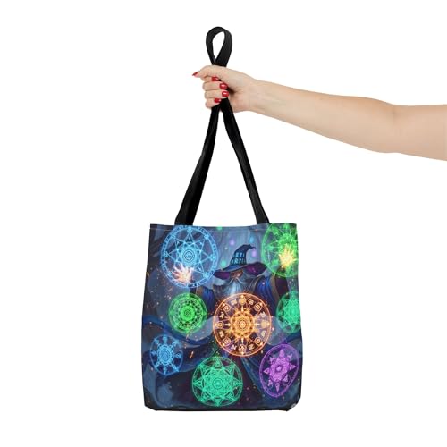 Premium Tote Bag featuring a Vividly Colored Wizard Casting Spells Shaped like Mandalas with Reinforced Stitching4