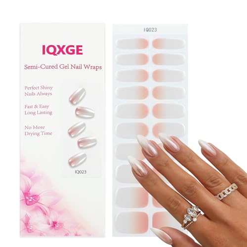 IQXGE Semi Cured Gel Nail Strips UV Light Needed 20PCS Ombre Nude Gel Nail Stickers Chrome Nails Wraps Self Adhesive Glossy Nails Polish Strips Stickers Includes Wooden Cuticle Stick File Prep Pads