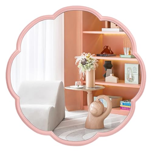 Fobule 24' Pink Mirrors for Wall, Flower Pattern Scalloped Decorative Accent Wall Mounted Mirror, Round Metal Frame Hanging Vanity Mirror Decor for Bathroom, Entryway, Bedroom