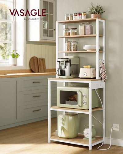 Image of VASAGLE Bakers Rack with Power Outlet, 23.6 Inches Coffee Bar for Kitchen with Storage, 6-Tier Kitchen Shelves with 6 Hooks, Microwave Stand, Industrial, Golden Oak and Cloud White UKKS124Y03
