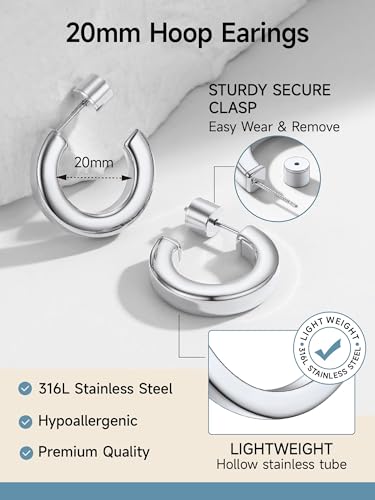 Image of Stainless Steel Chunky Hoop Earrings For Women, Minimalist and Chic, Black /Gold Plated, Round Hoops Earrings Hypoallergenic, Size: 30mm /40mm /60mm /80mm, Come with Box