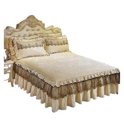 ZRHWSPD Falda de Cama 3 Piezas de Colcha for Cama, Falda de Cama de Encaje de Lujo, Ropa de Cama Gruesa, sábanas Hermosas, colchas for el hogar, tamaño Queen/King(Beige,3pcs 120x200cm)