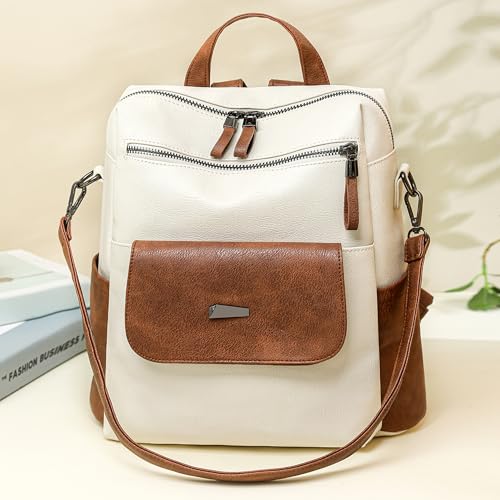 Image of WYFJNX PU Leather Backpack Purse for Women Fashion Multipurpose Design Handbag Ladies Shoulder Bags Travel Backpack White Brown
