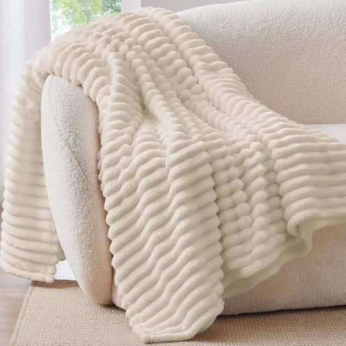 BEDELITE Ribbed Twin Blanket for Couch & Bed, Beige, 66"x90"