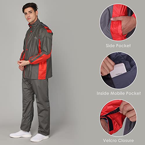 Image of THE CLOWNFISH Solomon Series Men's Waterproof Polyester Double Coating Reversible Raincoat with Hood and Reflector Logo at Back. Set of Top Bottom. Printed Plastic Pouch Rope