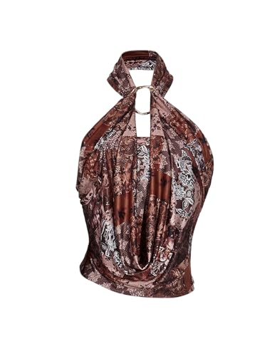 Women's Vintage Draped Halter Tops Metal Ring Sleeveless Y2K Crop Top Going Out Clothes