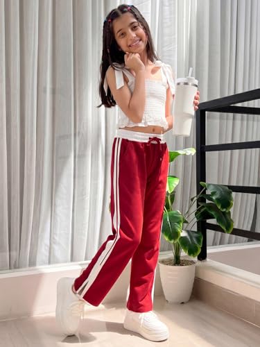 Image of Li'l Tomatoes Girls Cotton Track Pants | Soft & Comfortable Casual Summer Lower for Girls | Elastic Waist with Drawstring Everyday Wear | Side Stripe Straight Fit Trackpant | 9-16 Years |