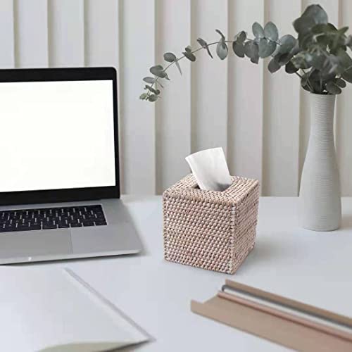 Rattan Tissue Box Cover Natural Woven Facial Napkin Holder Square (White, 5.5x5.5x5.9 Inch)