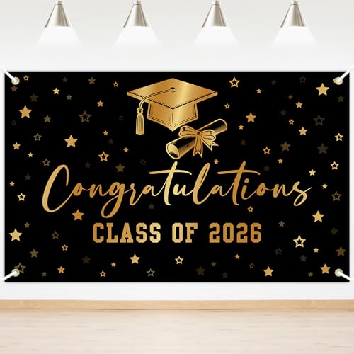 Lecheme Class of 2026 Graduation Backdrop Black Gold Congrats Grad Banner Congratulations Background Prom Night Photo Booth Props Graduation Party Decorations 6x3.6 ft