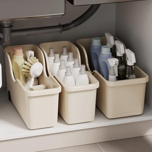Image of PANCA Storage Basket Set of 3 With Wheels - Multipurpose Kitchen Organizer Rack, Bathroom Storage Cabinet Box, Under Sink Organizer & Home Essentials Plastic Bins (Beige, Small /Medium /Large Sizes)
