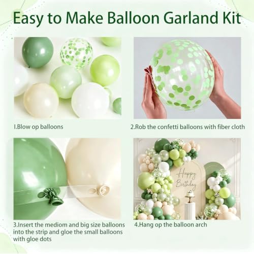 Image of Blocesa Sage Green White Balloons Arch Kit Double Stuffed, Party Decor. | Olive /Sage Green Pearl Green White Beige Confetti Balloons. for Birthday Baby Shower Bridal Shower Wedding Jungle Decor.