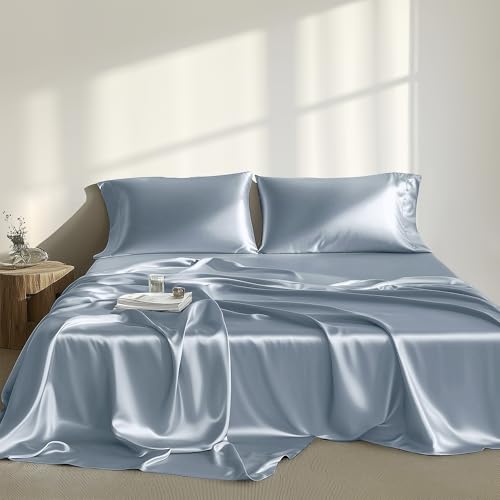 Image of Madison Park Essentials Satin Sheets Twin Size Bed Set, 4 Piece, Blue | Luxury and Smooth Silky Bedding with Natural Sheen, All Around Elastic 14 inch Pocket fits up to 16 inch Mattress, Year-Round Cozy