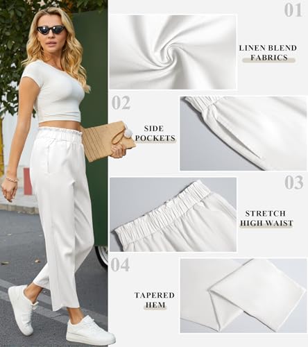 SEMARO Womens Casual High Waisted Linen Feel Pants Tapered Vacation Lounge Pants Trousers with Pockets White4