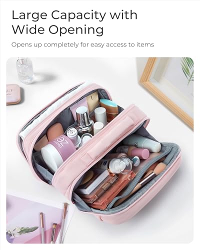 BAGSMART Women's Travel Makeup & Toiletry Bag - Wide-Open Organizer for Essentials, Beige