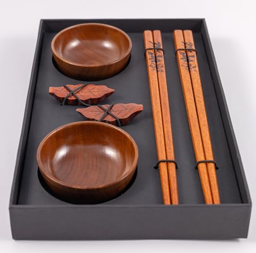 Palillos japoneses artesanales de madera. Palillos chinos de madera de árbol de loto natural para sushi. Incluye soporte y bowl japones para salsa de soja (2 pares de palillos con soportes y 2 bowls).