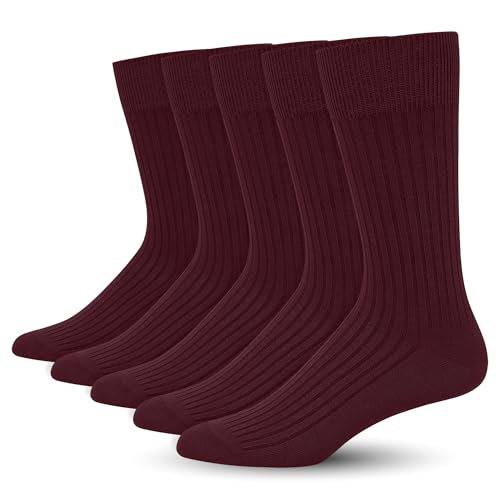 SERISIMPLE Mens Dress Socks - Bamboo Viscose Thin Ribbed Knit Silky & Soft Lightweight Business Crew Socks 5 Pairs (US Alpha X-Large Regular Regular Burgundy)