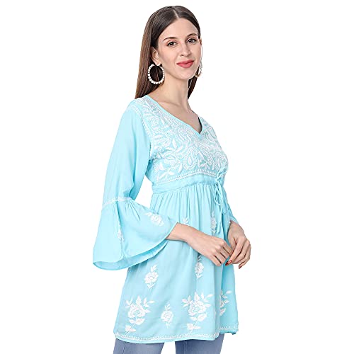 Image of indiankala4u Lucknow Chikankari Hand Embroidered Fit and Flared Top, Short Kurti for Women, Modal Cotton