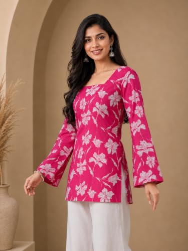 Image of Rayon Floral Print Short Kurti for Women | Square Neck Long Sleeve Top for Women | Criss Cross Back Desing Kurti | Soft Breathable Fabric | Relaxed Fit | Casual and Office Wear