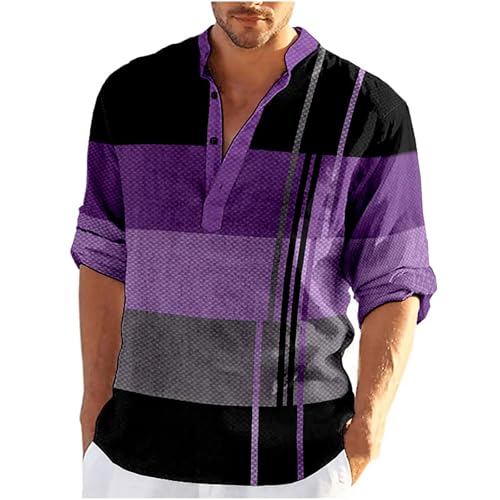 Men's Leisure Stand Collar Long Sleeve Stretch Shirt Button Down Striped Printed Beach Shirts Business Lounge Top, Purple, Medium