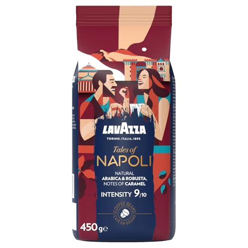 Lavazza, Tales of Napoli, Café en Grains, 450 g, pour les Machines à Café Automatiques, Notes de Cacao et de Caramel, Arabica et Robusta, Intensité 9/10, Torréfaction Foncée