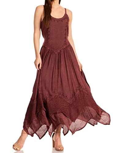 Image of Sakkas Rayon Embroidered Stonewashed Adjustable Spaghetti Straps Long Dress