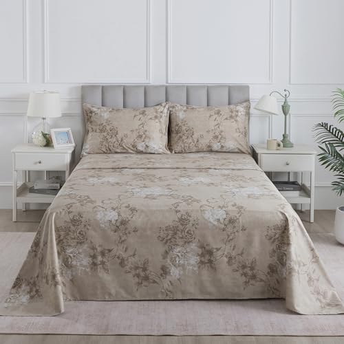 Image of Dark Beige Vintage Floral Percale Bed Sheets King Size Deep Pocket | 100% Cotton Brown Flower Farmhouse Sheets, Neutral Patterned Toile Sheet Set, Cottage Core Bedding, Shabby Chic, Crisp, 4Pcs