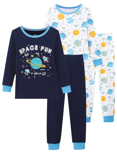 Mikrdoo Boys Pajamas 4-Piece Set Long Sleeve Cotton Stretch Breathable & Soft Snug Fit Sleepwear for Kids 2-12Years