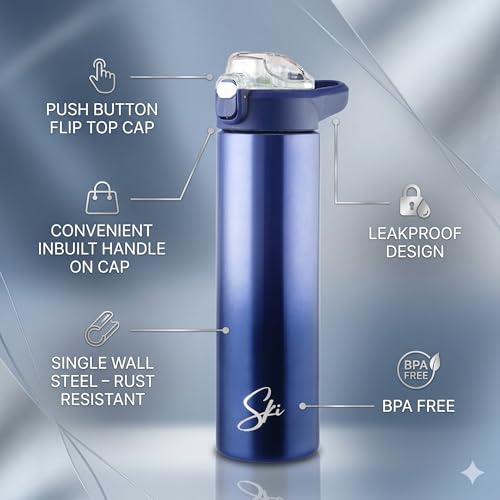 Image of SKi Homeware Stainless Steel Sipper Water Bottle with Push Button Flip-Top Cap, 750ml, for School, Office, Gym, Travel, Adults & Teens, Leakproof, Rust Free, Dual Colour Grey Gradient (Marco-Blue)