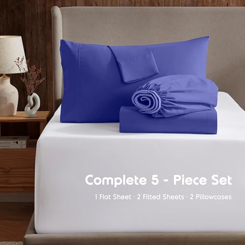 Image of Nestl Split King Bed Sheet Set - Royal Blue - 5-Piece Deep Pocket | Instantly Soft, Night-One Ready (No Wash Required). Fits 16-Inch Deep Pockets, 360-Degree Elastic Grip