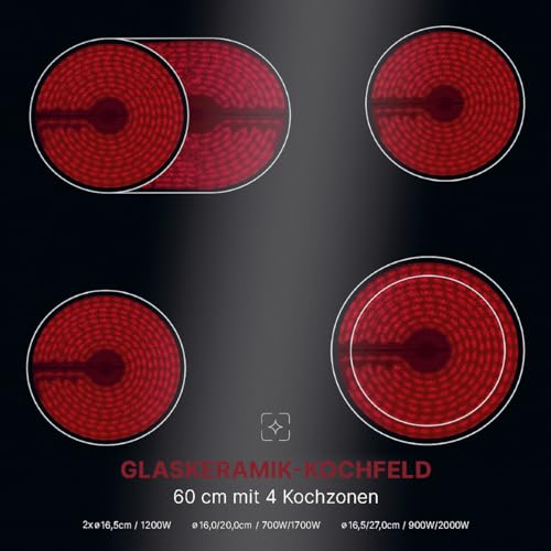 Bomann® Backofen mit Glaskeramik-Kochfeld | Einbauherd mit 4 Kochzonen & 9 Backofen-Funktionen | Backofen mit 56L Nutzinhalt & getrennt regelbaren Thermostat | Herdset mit Umgebungslüfter | EHBC 7937