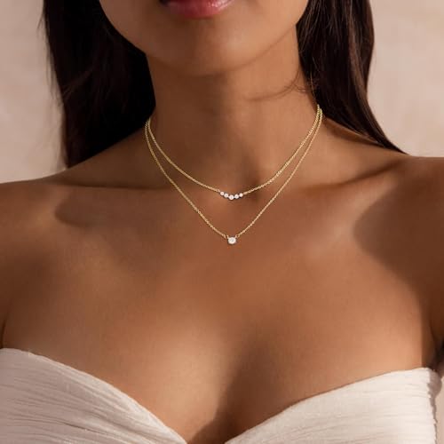 Layered Necklaces for Women,Dainty 14k Gold Plated Choker Necklace Stack Trendy Simple Diamond Pendant Necklace Set for Women Non Tarnish Cute Layering Cubic Zirconia Necklace Fashion Waterproof Jewelry for Women2