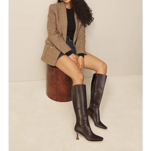 DOEYG Black Leather Knee High Boots for Women Kitten Heel Tall Boots Square Toe Stiletto Heels Heeled Boots Dressy Fashion Long Boots with Side Zipper4