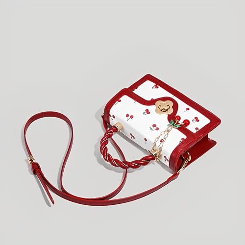 Image of Cherry Leather Tote Bag - Cute Y2K Shoulder Purse for Women, Red Designer Handbag with Top Handle, Fruit Print Clutch Satchel