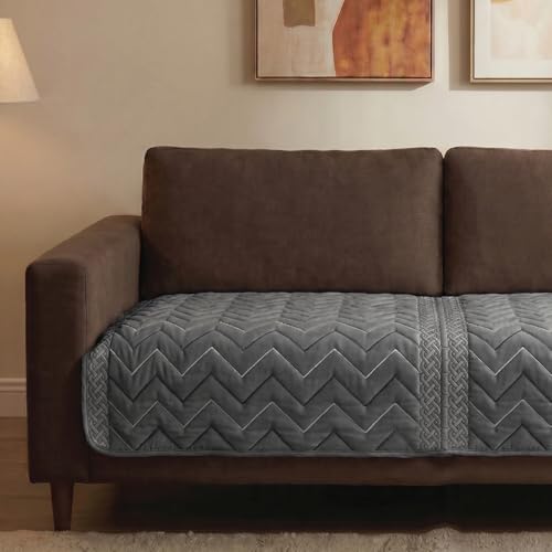 Image of Urban Space Velvet Embroidery Quilted Sofa Cover mat, Premium 3 Seater Non-Slip Sofa slipcover, Easy Care & Machine Washable, Seat Runner for Couch for Living Space (3 Seater - Zig zag - Grey)