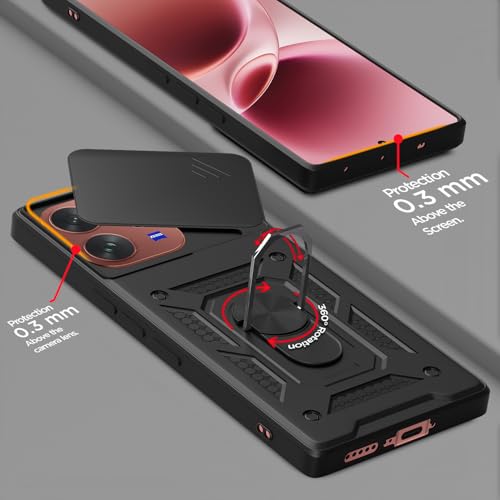 Image of Outlouders Back Cover for Vivo V70 5G | D10 Tough Armor 360 Protection Case with Sliding Camera Shield & Ring Holder Stand Bumper Case (Black)