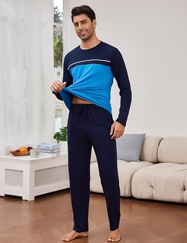 Bresdk Herren Schlafanzug Lang Baumwolle Pyjama Set Herbst Winter Zweiteiler Nachtwäsche Langarm Schlafanzüge,Blau Hellblau,XL