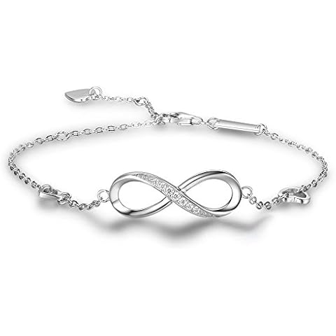 Bo&Pao Infinity Bracelet 925 Sterling Silver for Women and Girls, Silver Bracelet with Endless Symbol, 21 cm, adjustable Cover