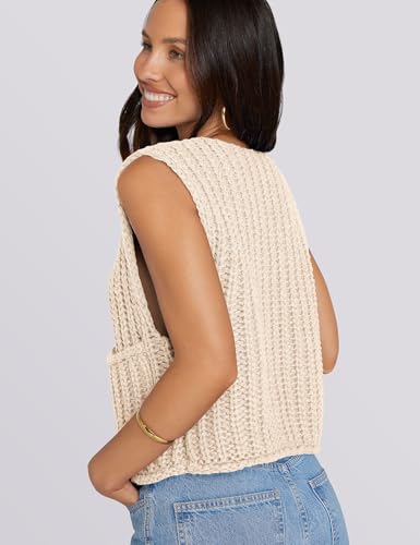 Image of UEU Womens Chunky Sweater Vest Button Down Sleeveless Cardigan V Neck Crop Crochet Knit Tops 2025 Fashion Trendy Clothes