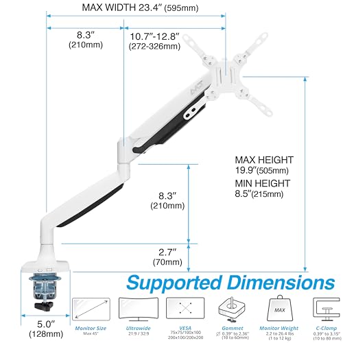 Image of AVLT Single 17 inch-45 inch Monitor Arm Desk Mount Premium - White