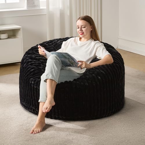 Hobestluk - Large 36" Round Bean Bag Chair for Adults with Striped Plush Cover, Great for Living Room, Bedroom, Office or Dorm - Black (36"x36"x22")