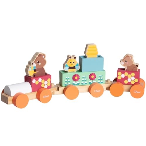 Chicco Jeu en bois Train des oursons Jeu Montessori 3 personnages exclusifs 5 blocs de couleur Train avec 3 wagons en roue libre Jeux pour filles Jouets pour enfants 2+ ans Idée cadeau - vue 2