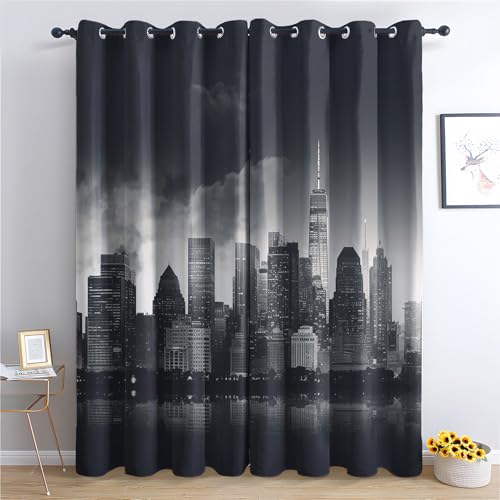 QEODAH Rideau New York - Rideau Occultant Thermiques Paysage Urbain Ville la Nuit, Lot de 2 Rideaux à Oeillets pour Decoration Chambre Salon, Draperies...